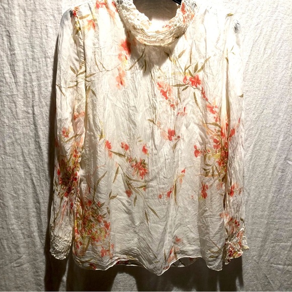 Elena Baldi Silk floral long sleeve lined ruffle neck blouse made in Italy L - Picture 1 of 8